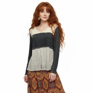 Poof! Boho Colorblock Striped Tunic Top with Lace Accents – Size Medium